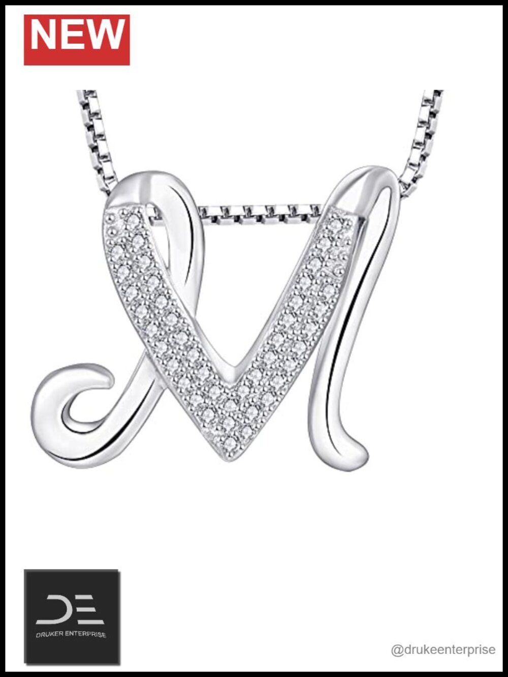 925 Sterling Silver Pendant Necklace Initial Letter M with Cubic Zirconia White